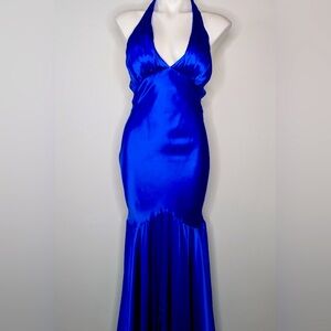 Cache cobalt blue satin v neck halter tie back maxi gown dress 8